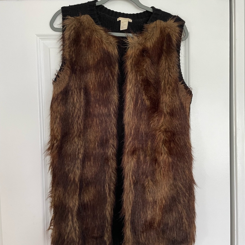 H&M- Womens Open Front Faux Fur Cardigan Vintage Parka Shaggy Jacket Coat